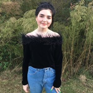 Vintage Black Velvet Fluffy Neck Sweater
